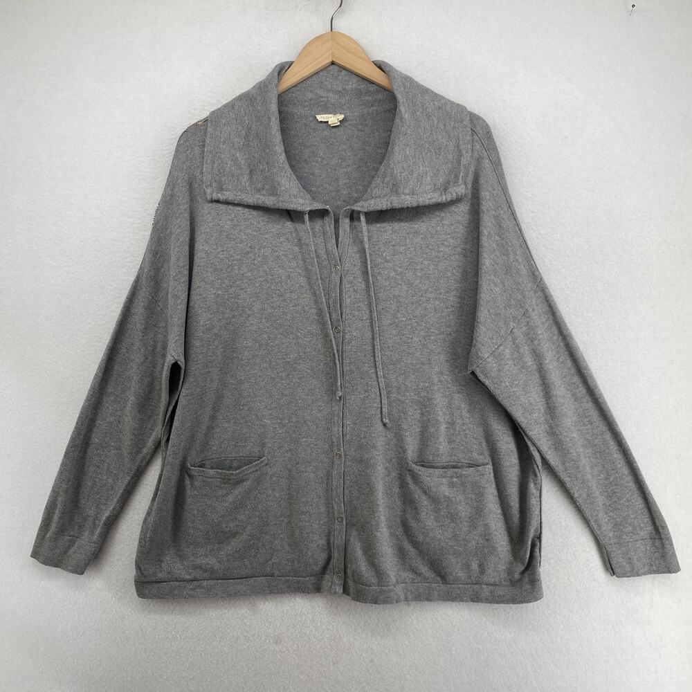 EILEEN FISHER Cardigan L Organic Cotton Snap Front Drawstring Sweater Gray - Picture 1 of 15